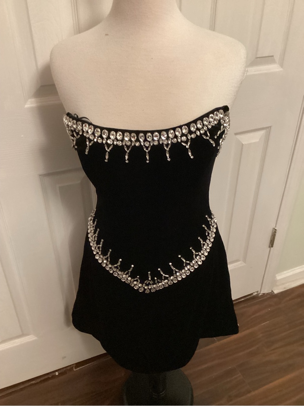 AKIRA Black Velvet Strapless Mini Dress with Crystal Accents